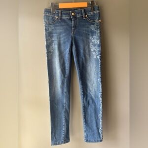 Just Cavalli size 27 denim graphic jeans. Jeggins, skinny, gold hardware